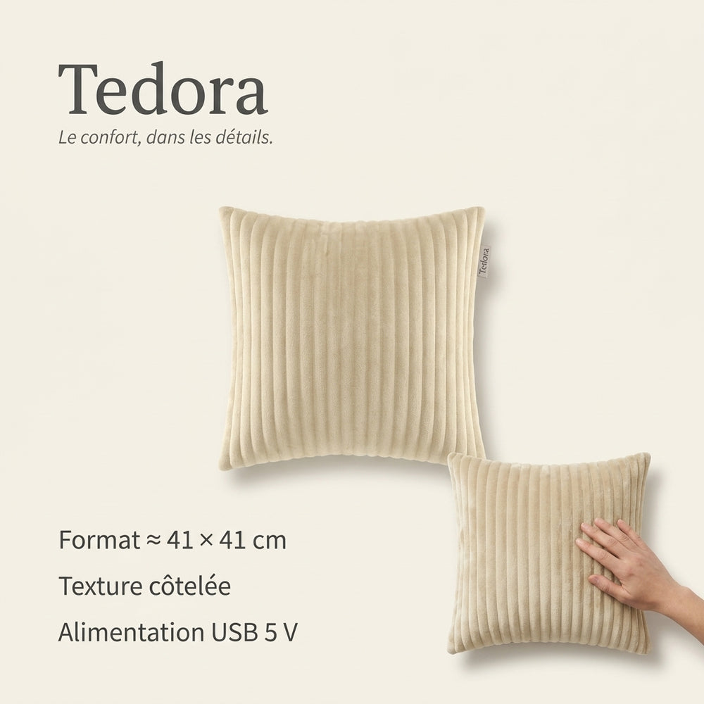 Coussin chauffant USB Tedora : format approximatif de 41 × 41 cm et texture côtelée